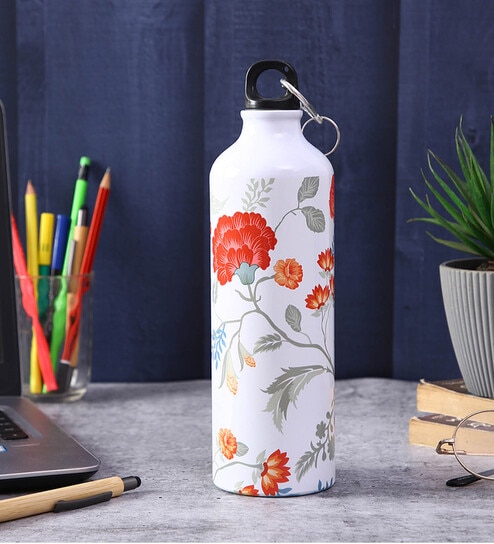 Aluminium Sipper Water Bottle With White & Red Floral Print 750Ml