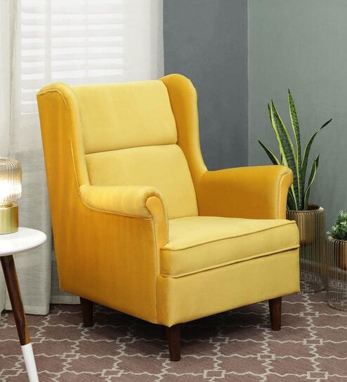 Alvarez Velvet Wing Chair In Velvet Mustard Yellow Colour