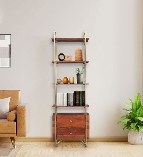 Alviya Sheesham Wood Bookshelf In Natural & Gold Finish