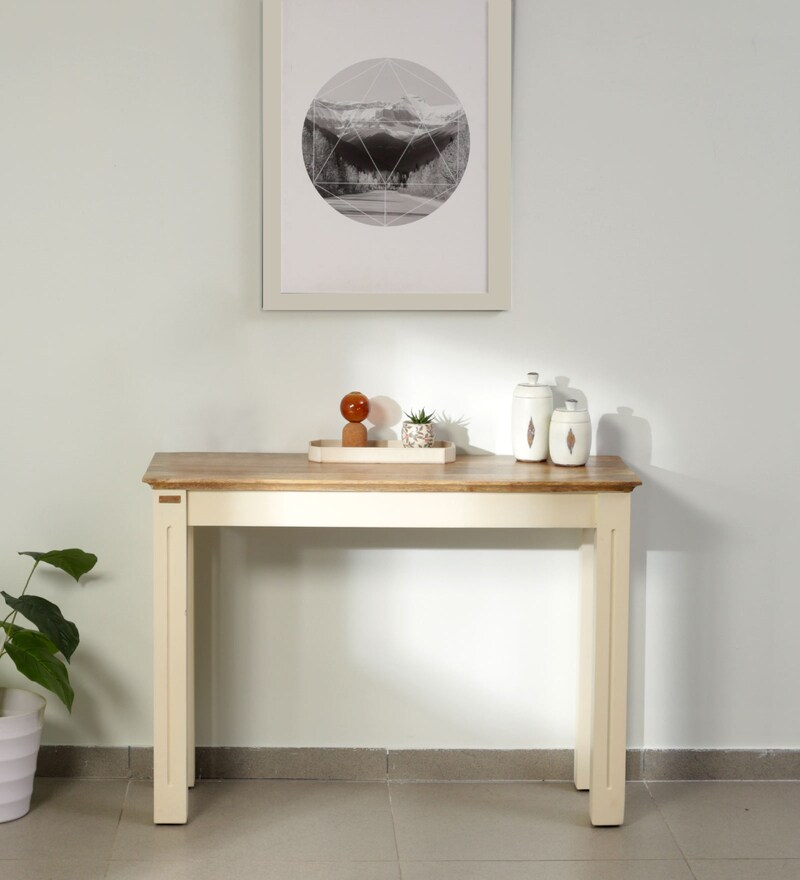 ivory pedestal console table with natural tabletop