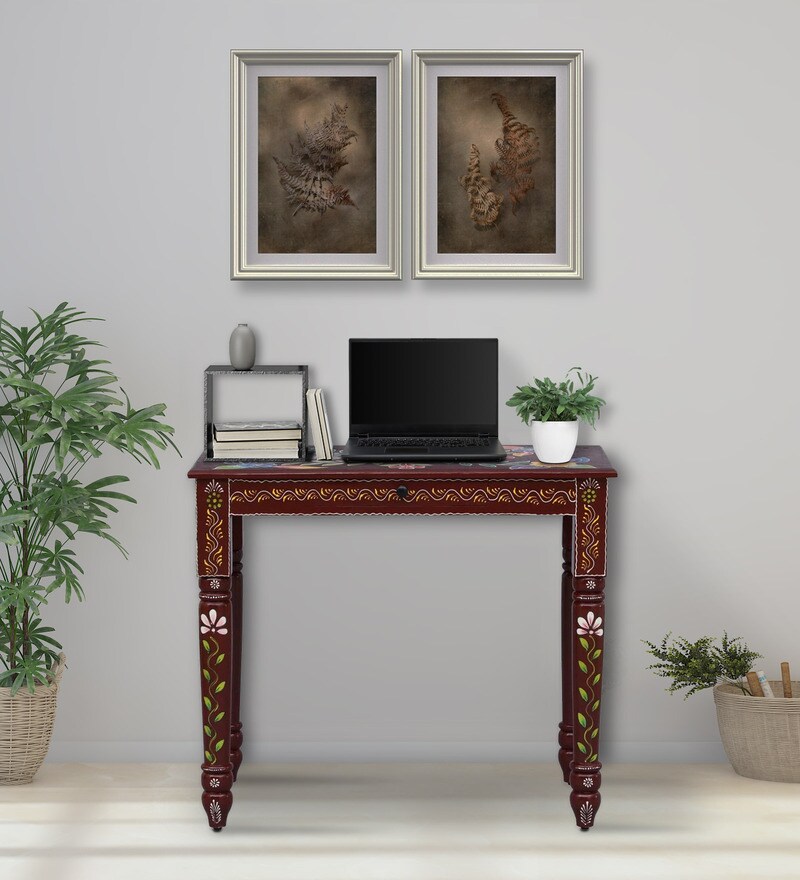Buy Alankaar Solid Wood Writing Table In Maroon Colour Online