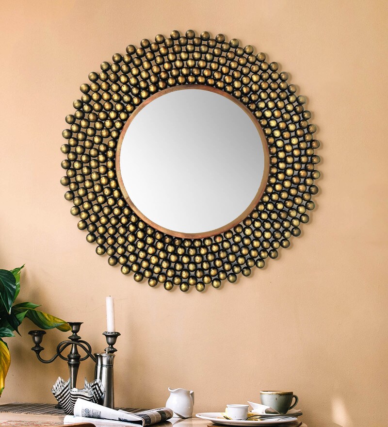 Buy Metal Round Wall Mirror in Green colour by Vedas