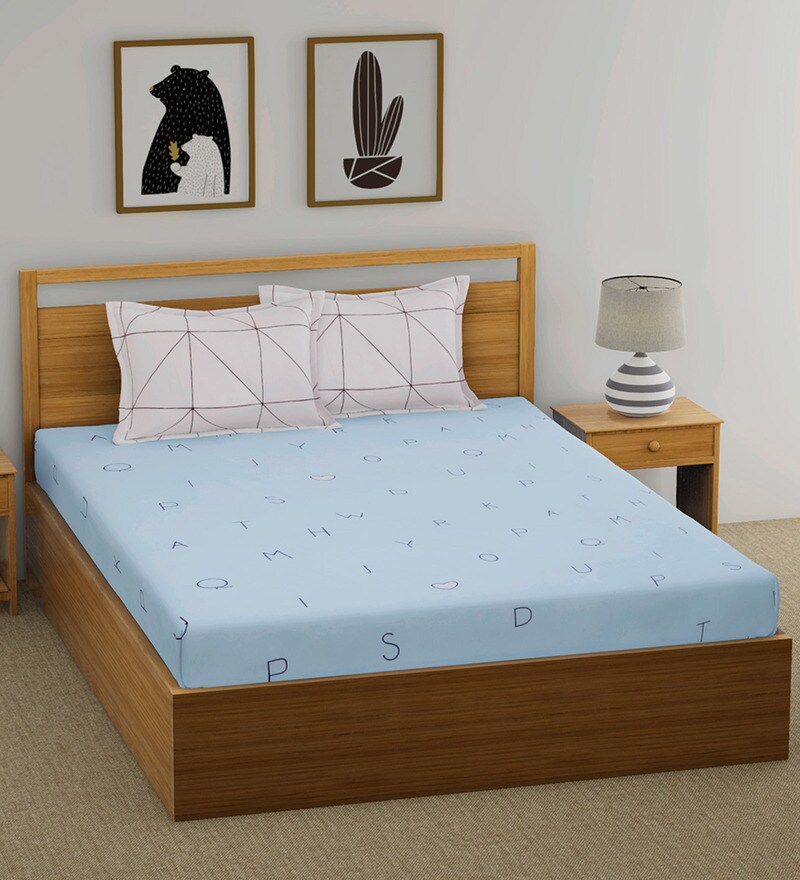 Buy Alphabet Double Bed Sheets With 2 Pillow Covers In Light Blue