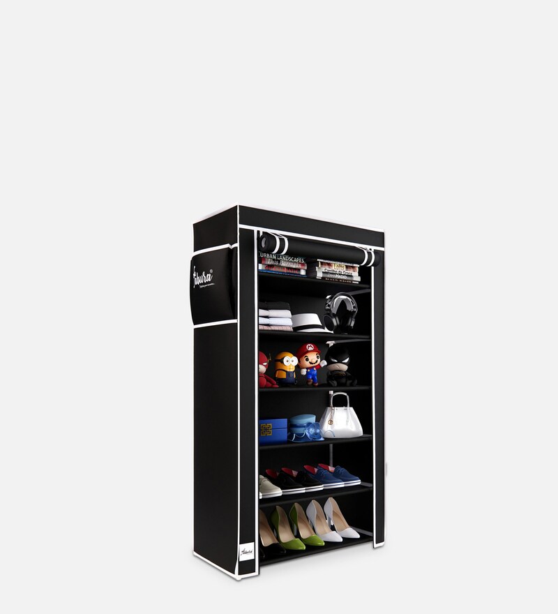 Buy Alpine Fabric Open Shoe Rack in Black Finish by FABURA Online