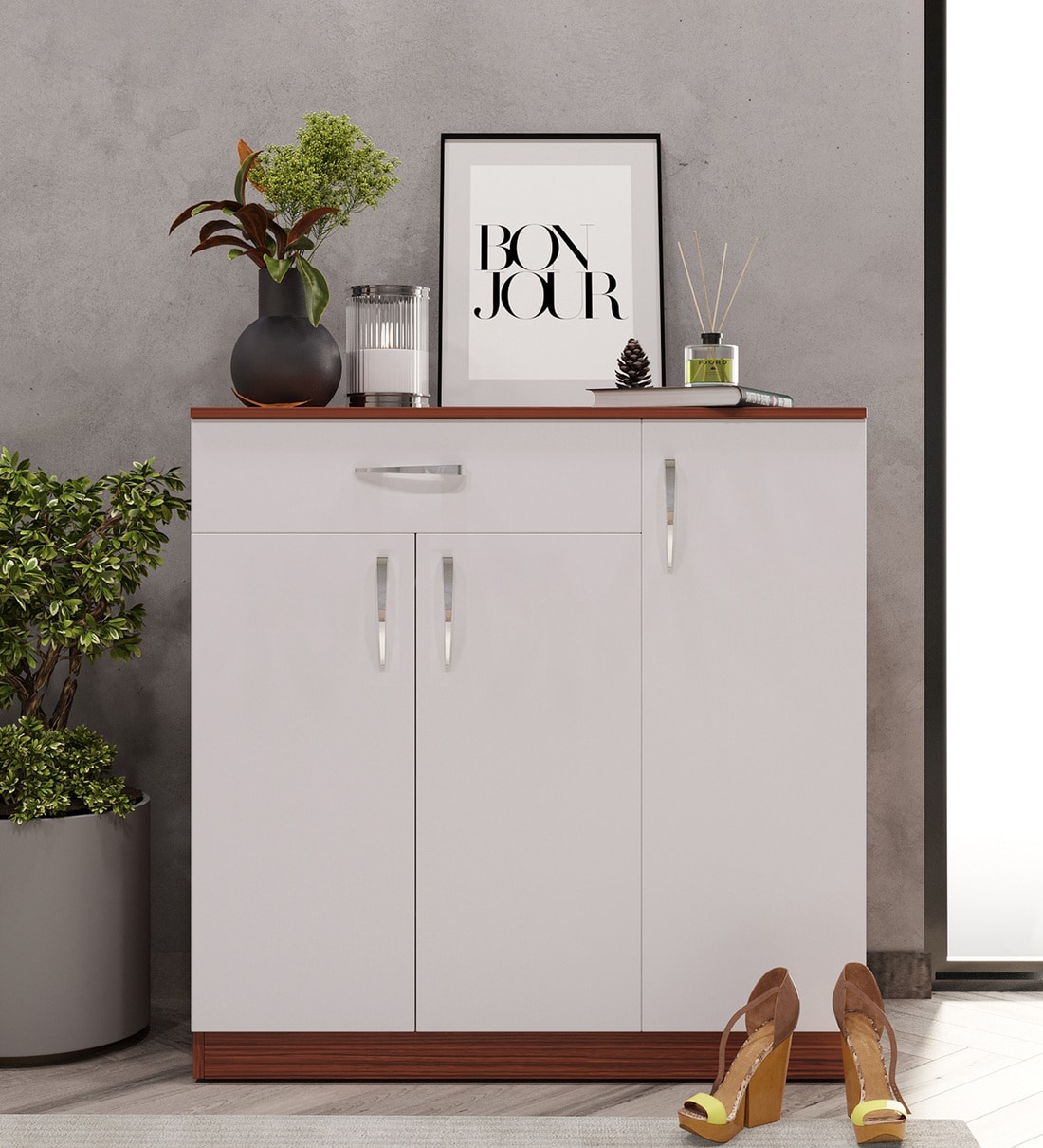 Elements 4-Door Double Buffet Shoe Storage Cabinet (Walnut & White)