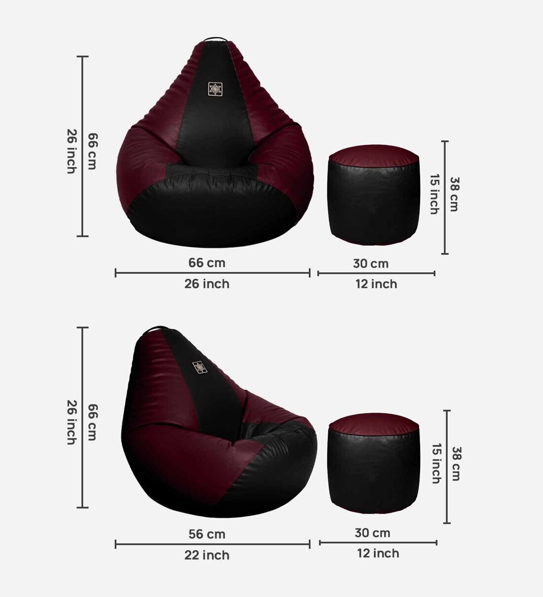 Buy Amazing XL Leatherette Bean Bag with Beans in Black & Maroon Colour with Pouffe by