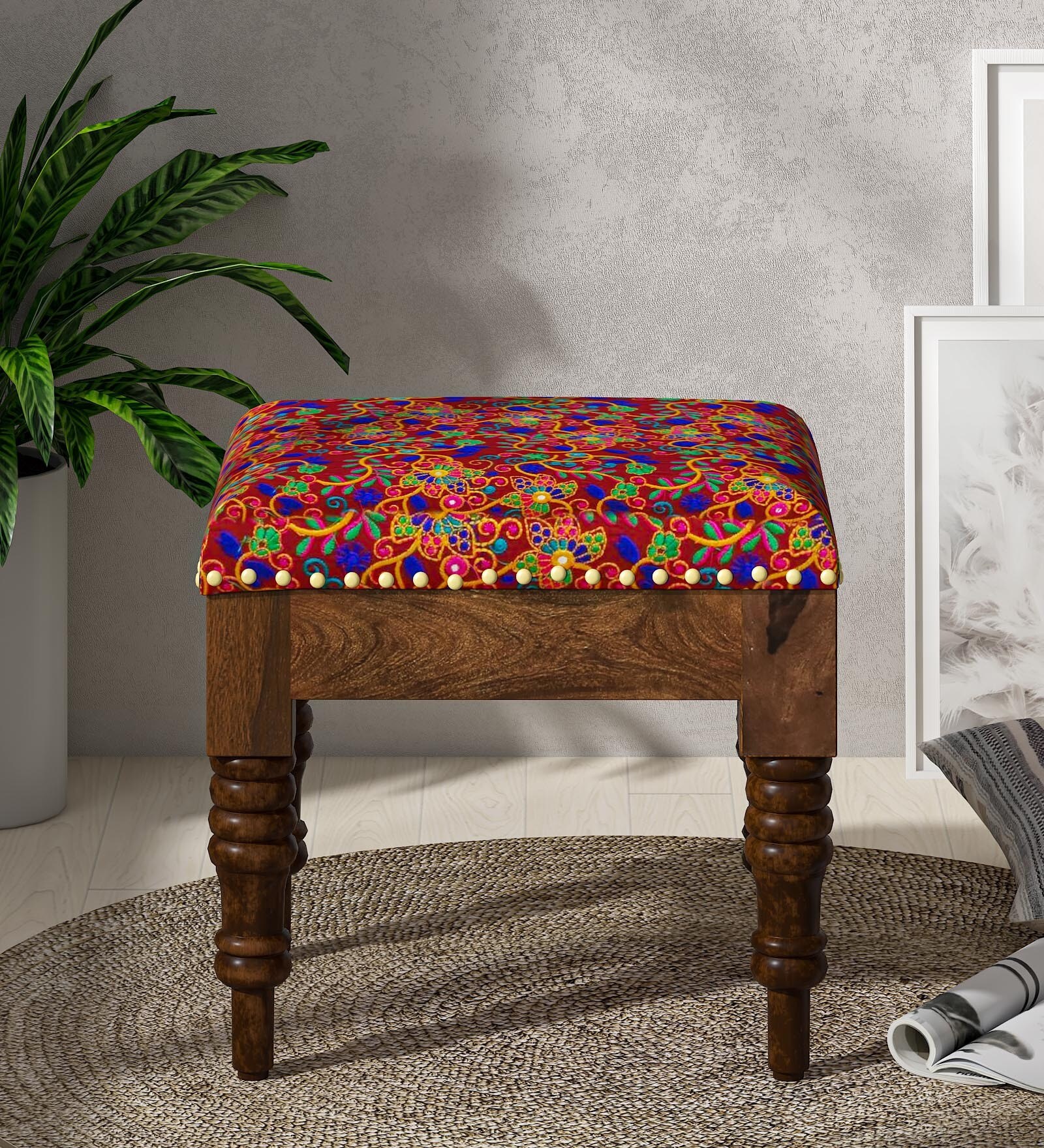 Amala Fabric Seating Stool In Provincial Teak Finish