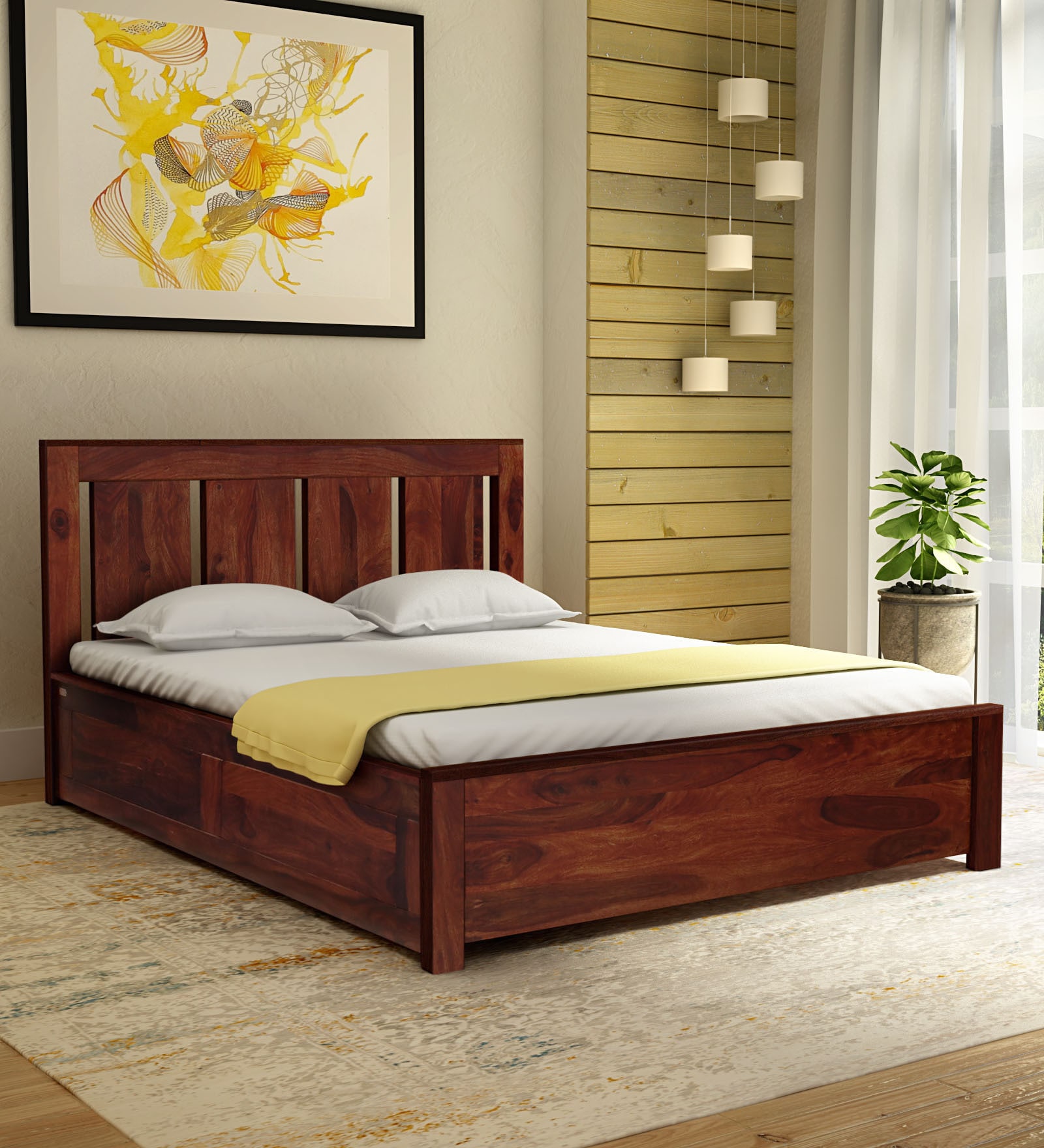 Buy Amarillo Solid Wood Queen Size Bed with Box Storage in Honey Oak