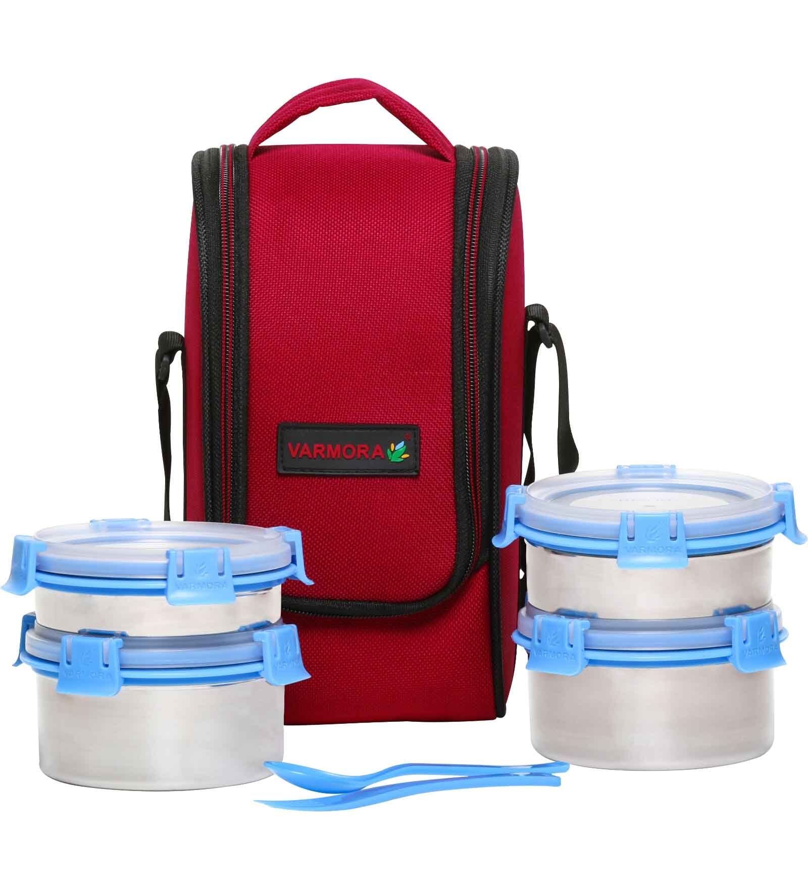Varmora Amaze | Stainless Steel Insulated Lunch Box|4 Round Containers (300ml, 390ml, and 520ml-2 pc) with Bag |BPA-Free -Food Grade |Airtight & Leak-Proof- Blue