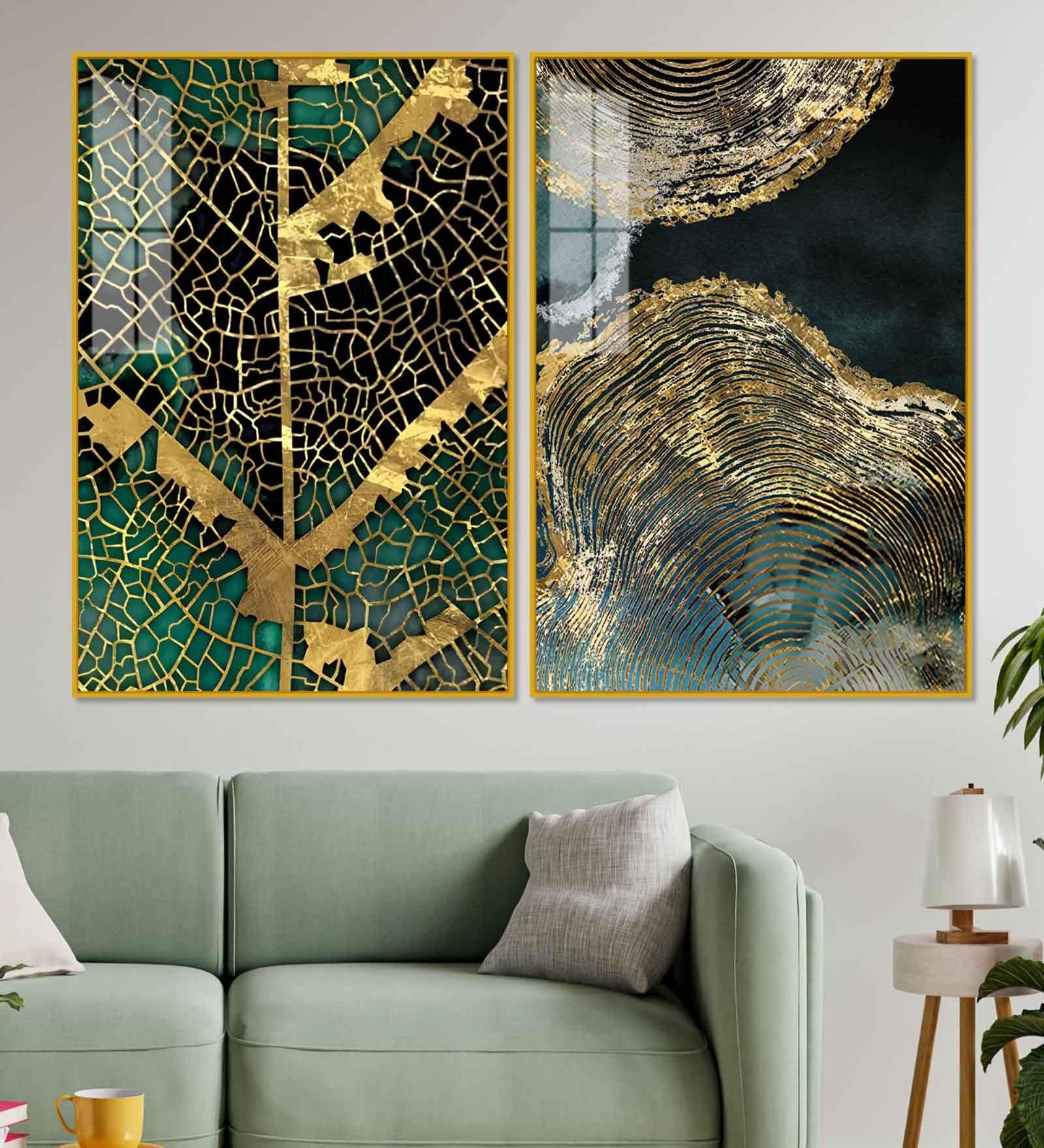 Amazing Golden Acrylic Framed Art Panel (Set Of 2)