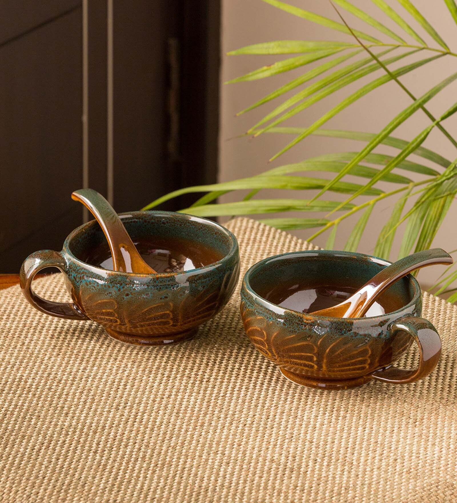 Amber & Teal 300ml (Set of 4) Ceramic Soup Bowl with Spoon