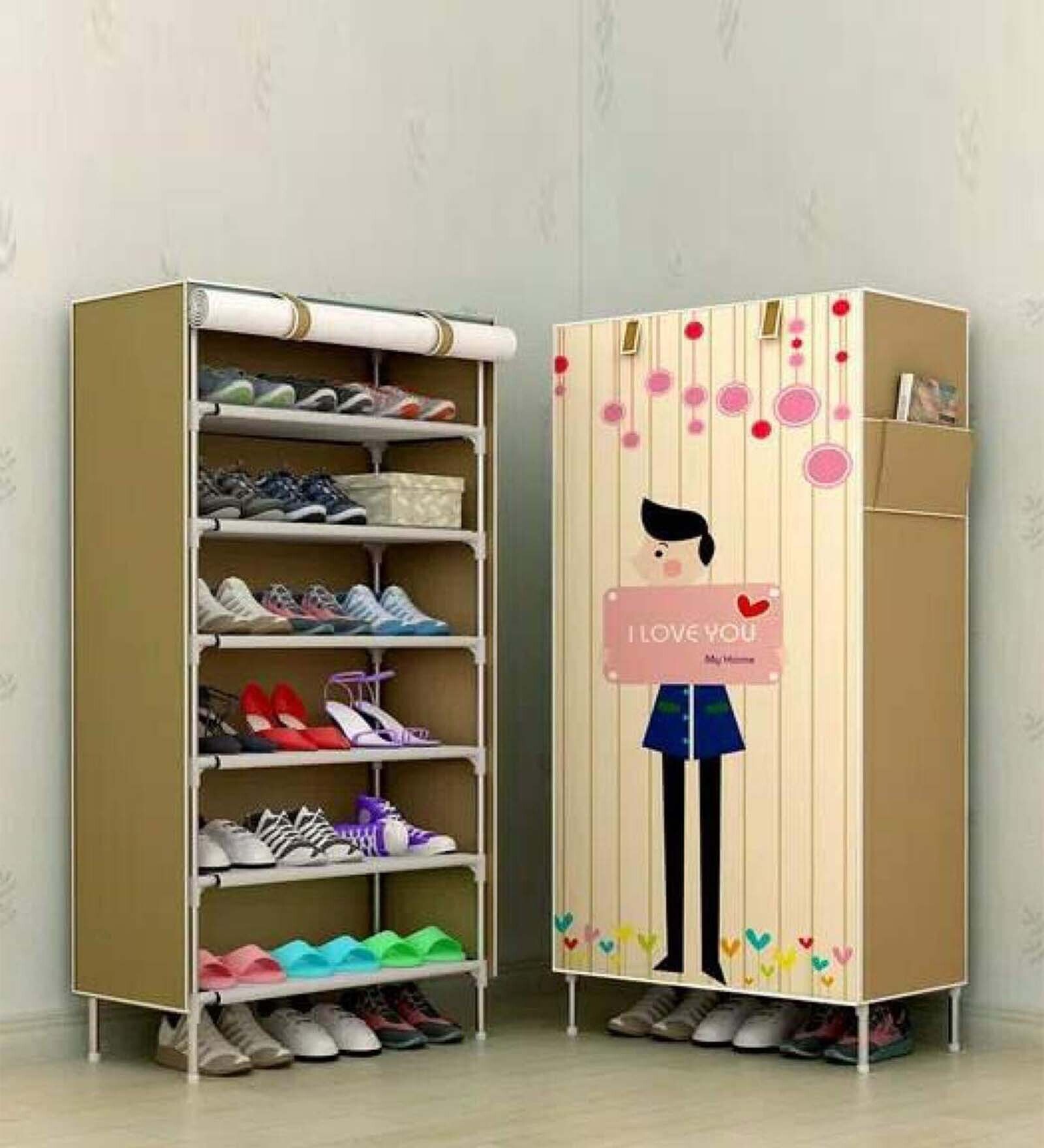 Amber Fabric Open Shoe Rack in Beige Finish