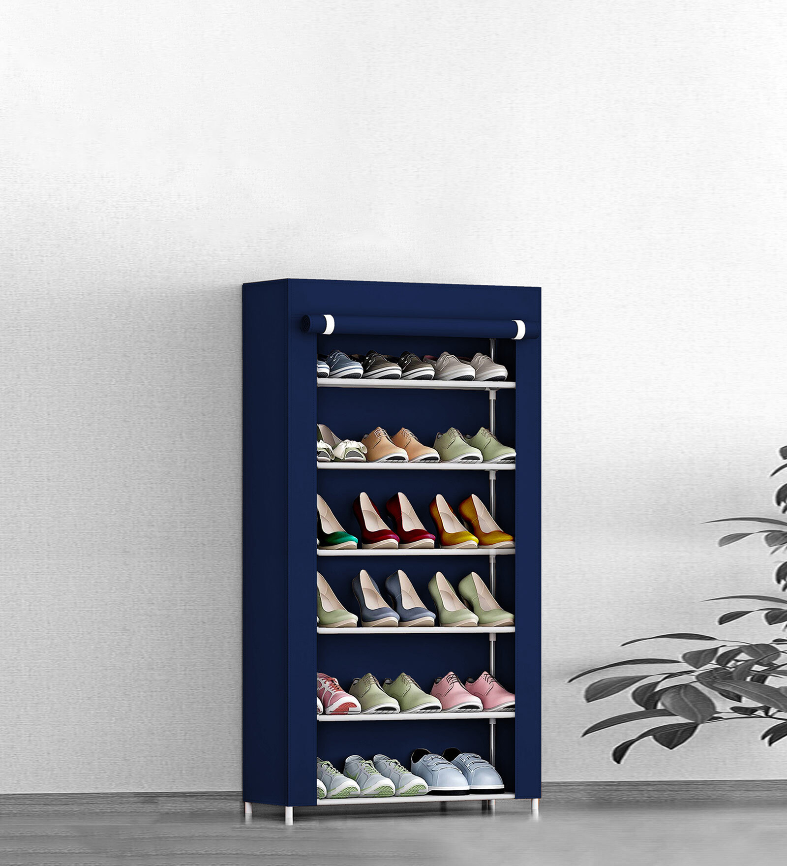 Amber Fabric Open Shoe Rack in Navy Blue Finish
