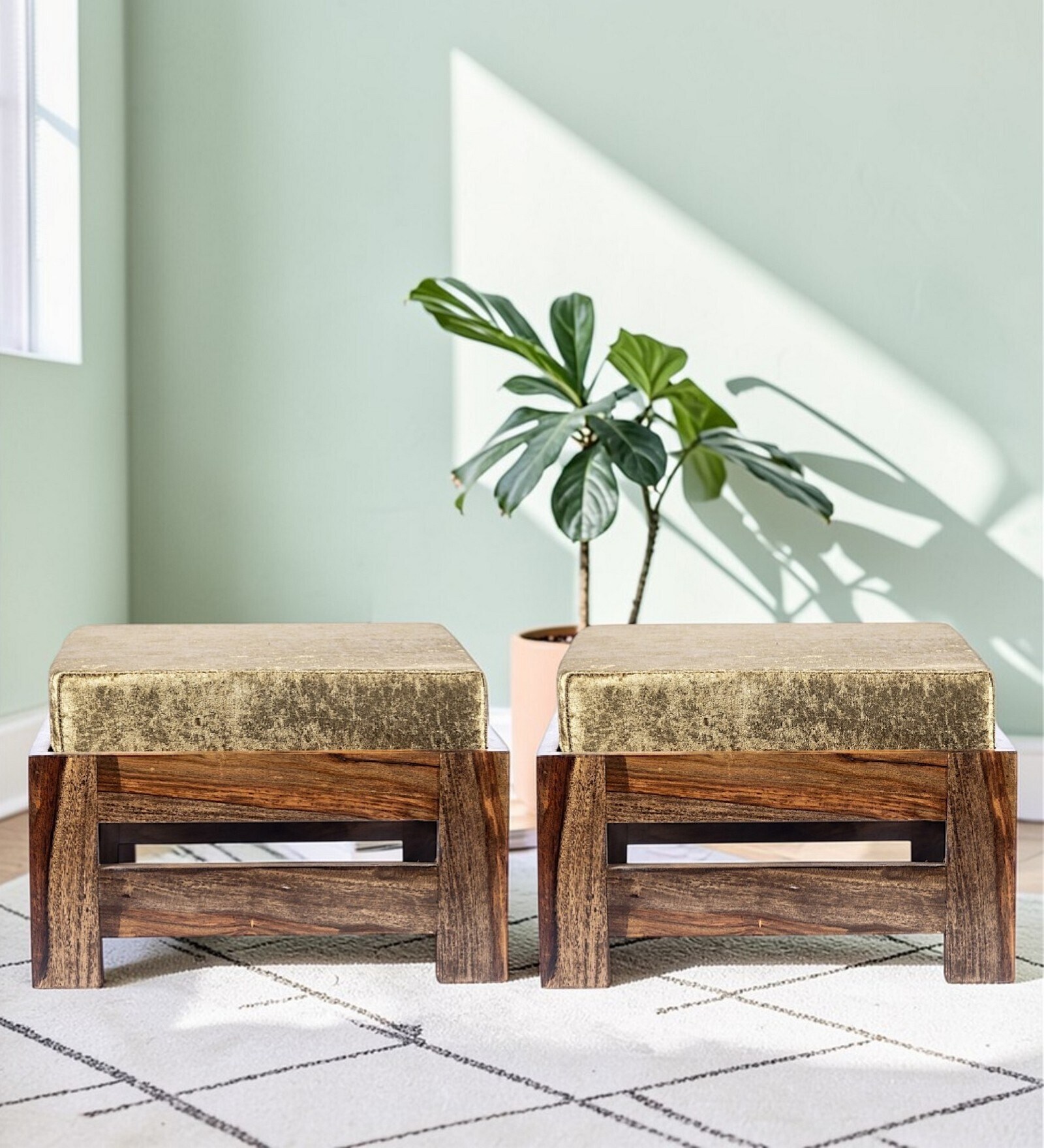Amber Foot Stool Set Of 2 In Green Sparkle Colour