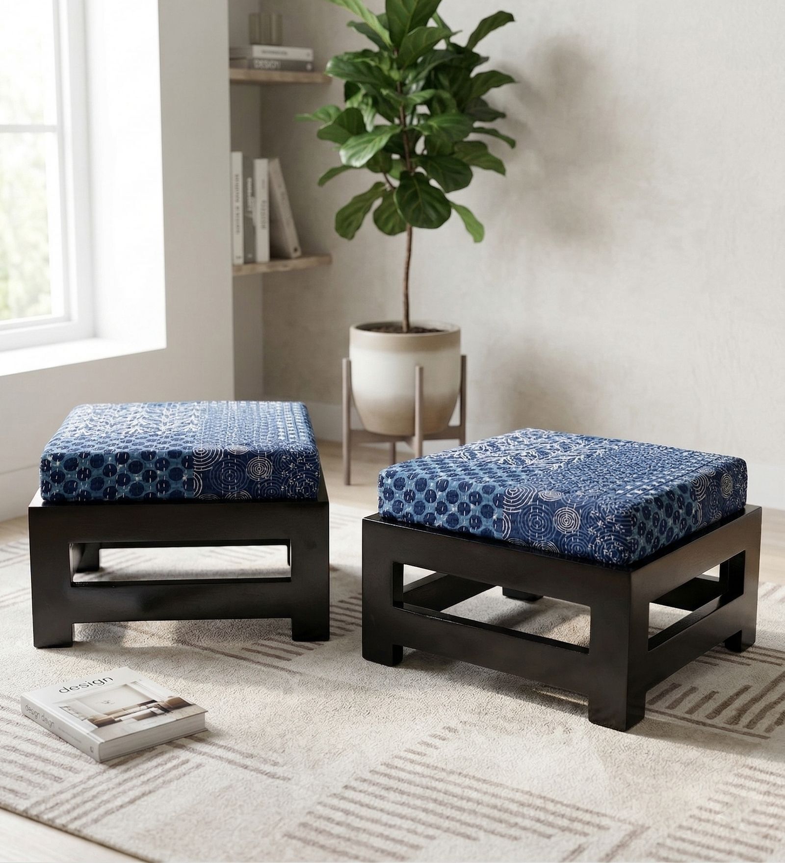 Amber Foot Stool Set Of 2 In Indigo Colour