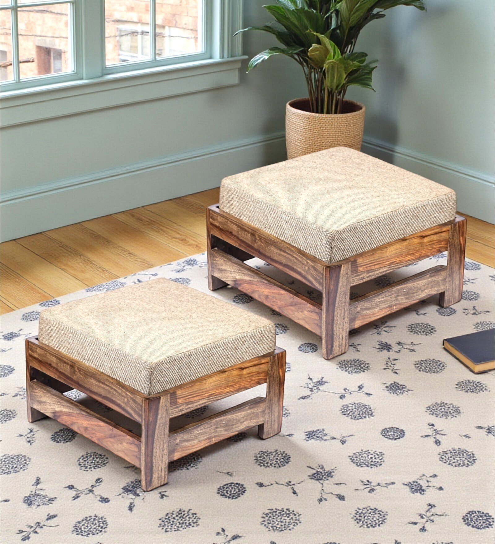 Amber Foot Stool Set Of 2 In Jute Beige Colour
