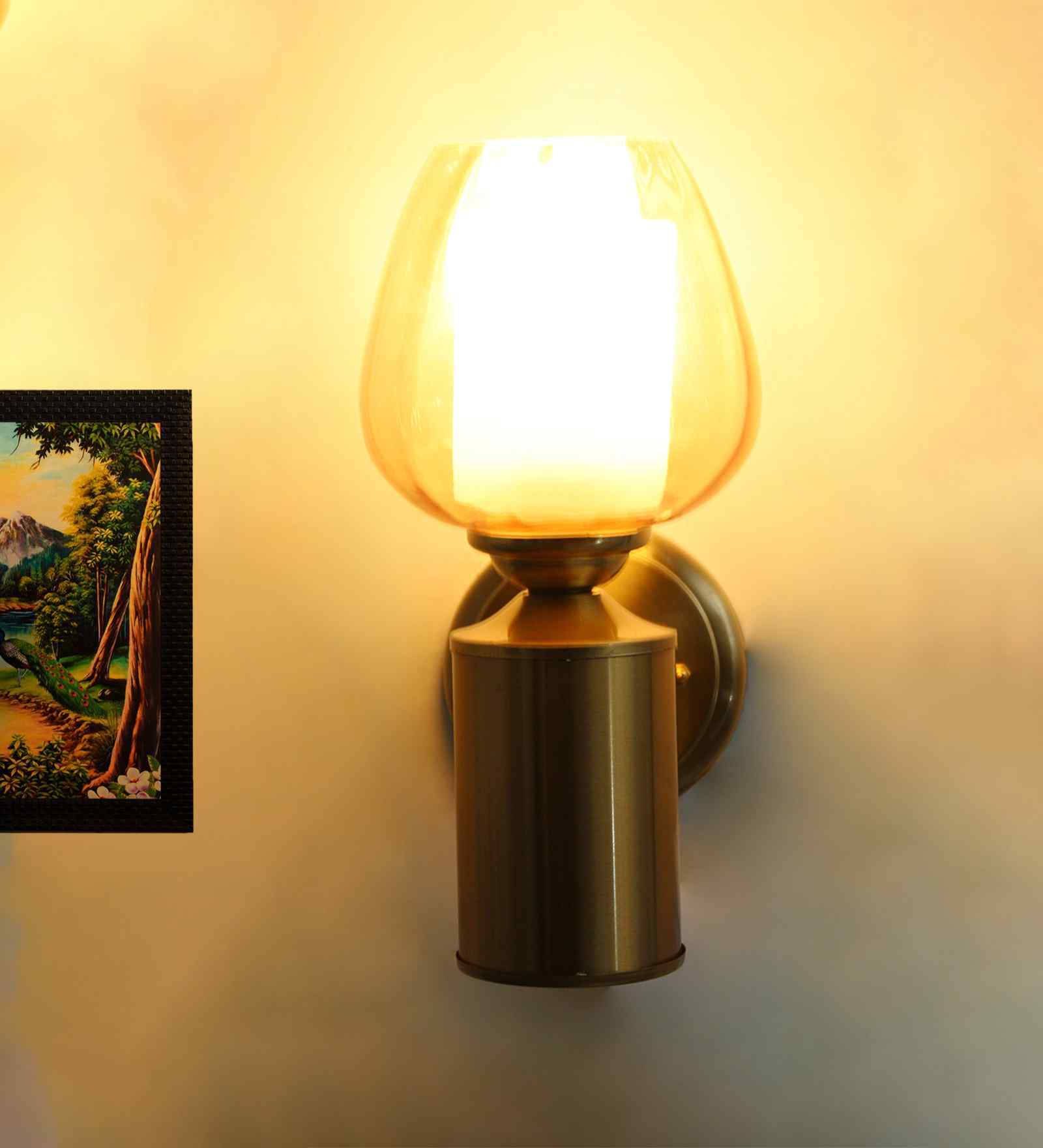 Amber Glass Shade Brushed Brass Wall Sconce