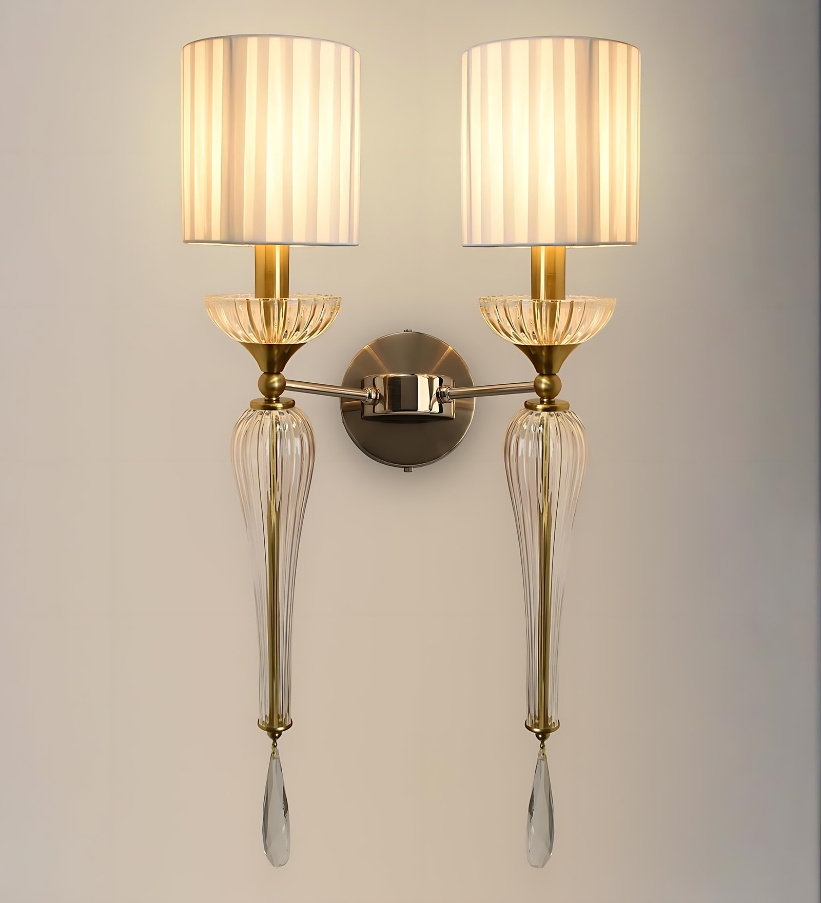 Ambira Luxury Crystal Wall Lamp Gold Finish with Fabric Shade I 3 Color Mode LED I Modern Decorative Wall Sconce for Living Room, Bedroom, Hallway, Hotel, Bedside Lighting