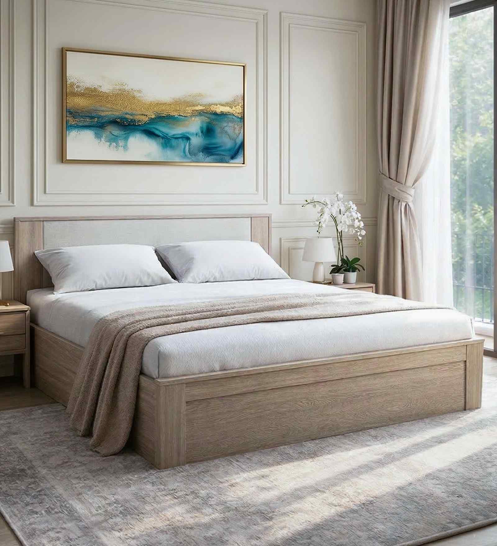 Ambra Queen Size Bed In Oak Colour With Box Storage