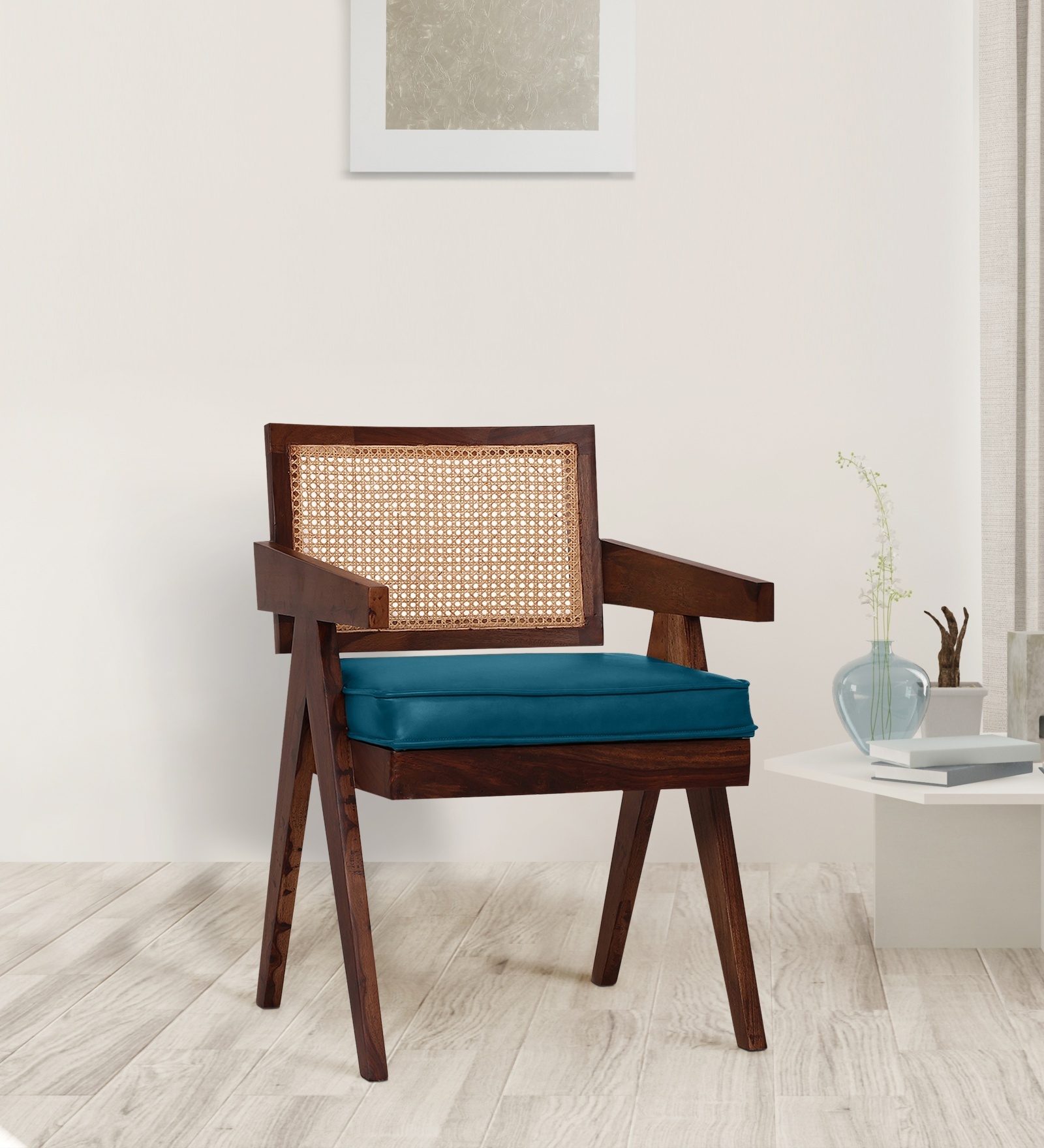 Ambro Sheesham Wood Arm Chair In Blue Color
