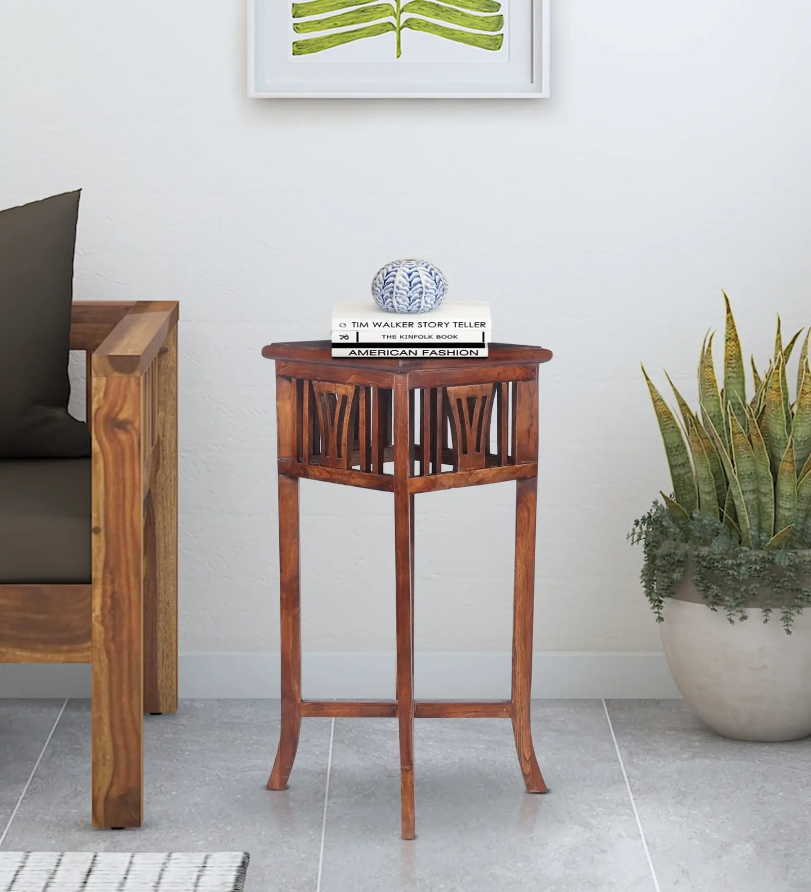 Amero Teak Wood End Table In Walnut Finish