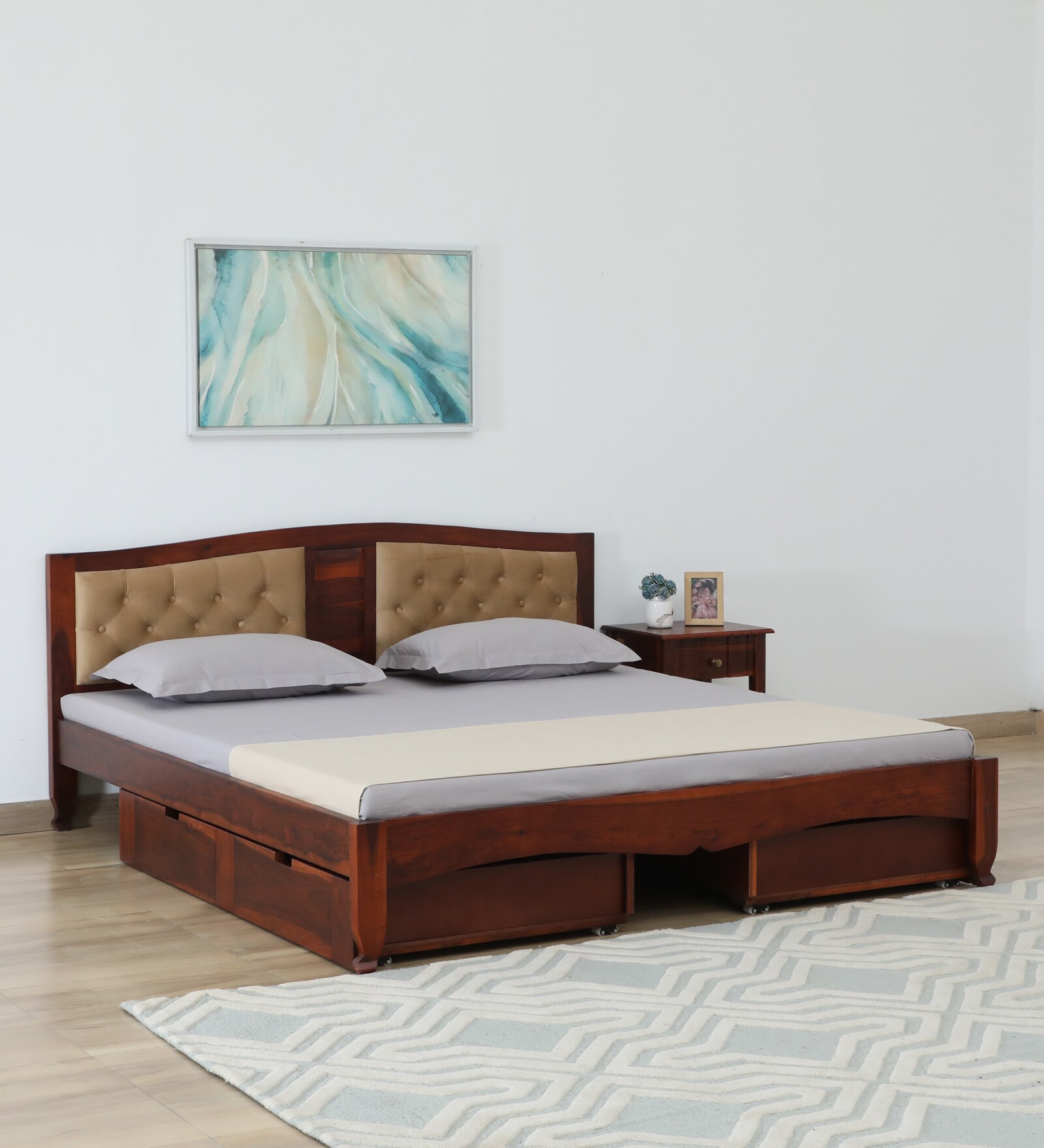 Amiens Sheesham Wood Queen Size Bed In Honey Oak Finish With Drawer Storage