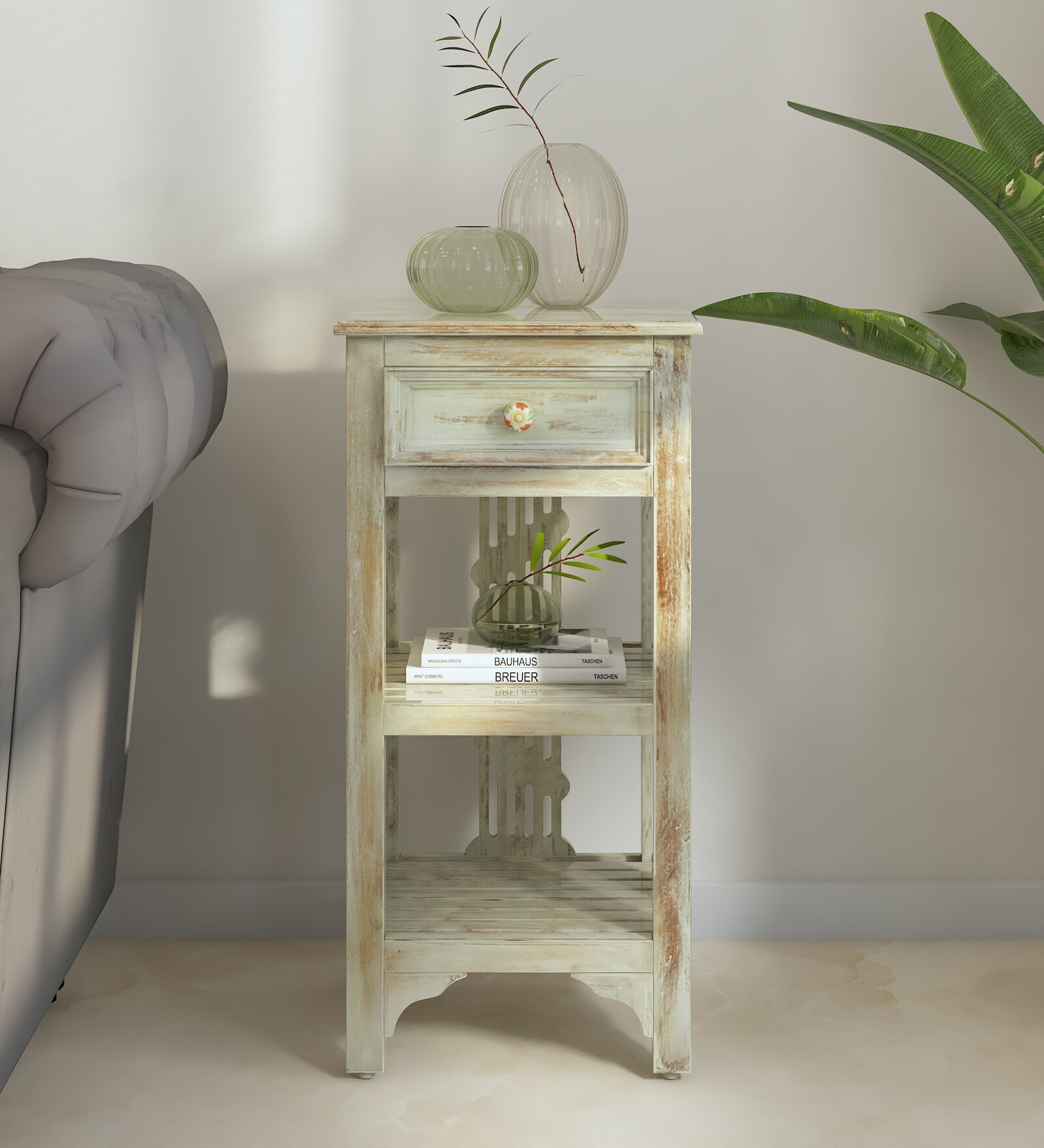 Amory Sheesham Wood End Table In Rustic White Finish