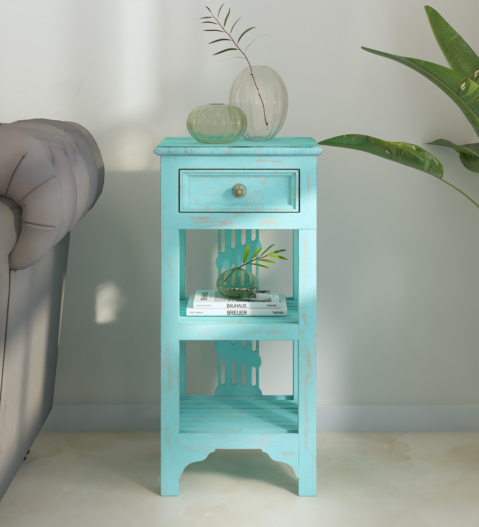 Amory Sheesham Wood End Table In Blue Finish