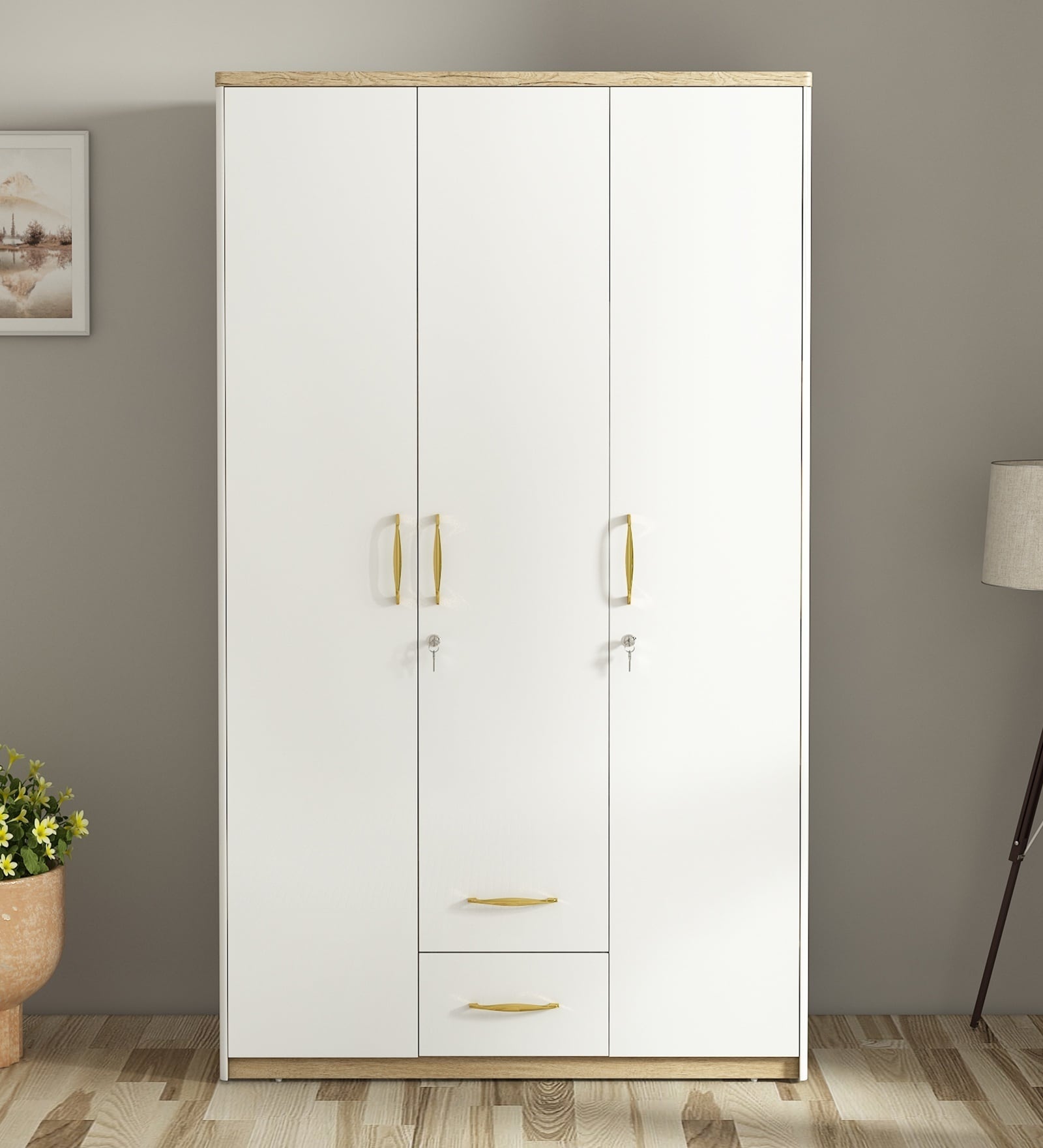 Ampara 3 Door Wardrobe With Locker & Drawer In High Gloss White Finish