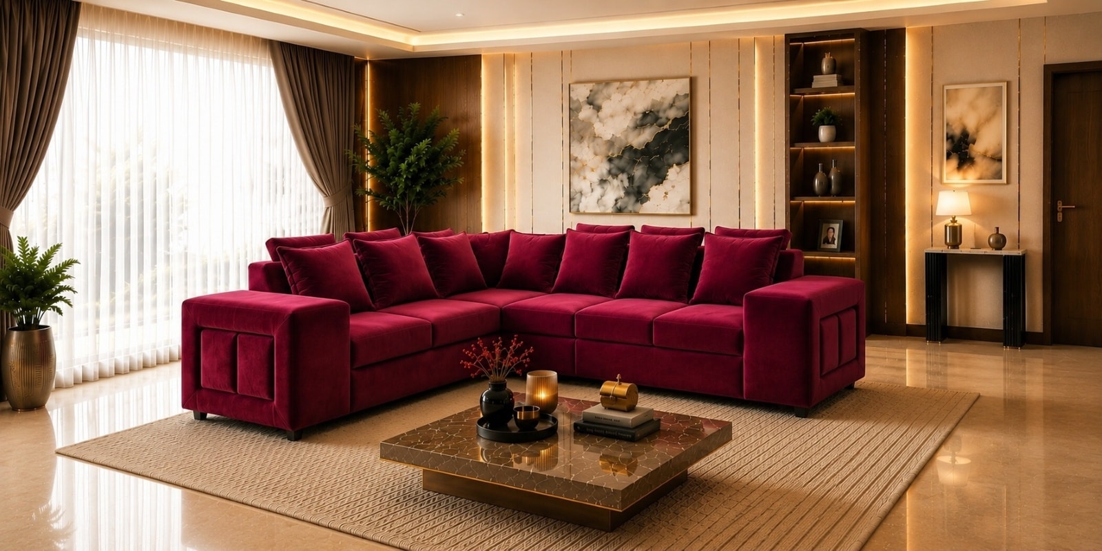 Amanda 6 seater Corner Sofa In Maroon Color Amanda 6 seater Corner Sofa In Maroon Color