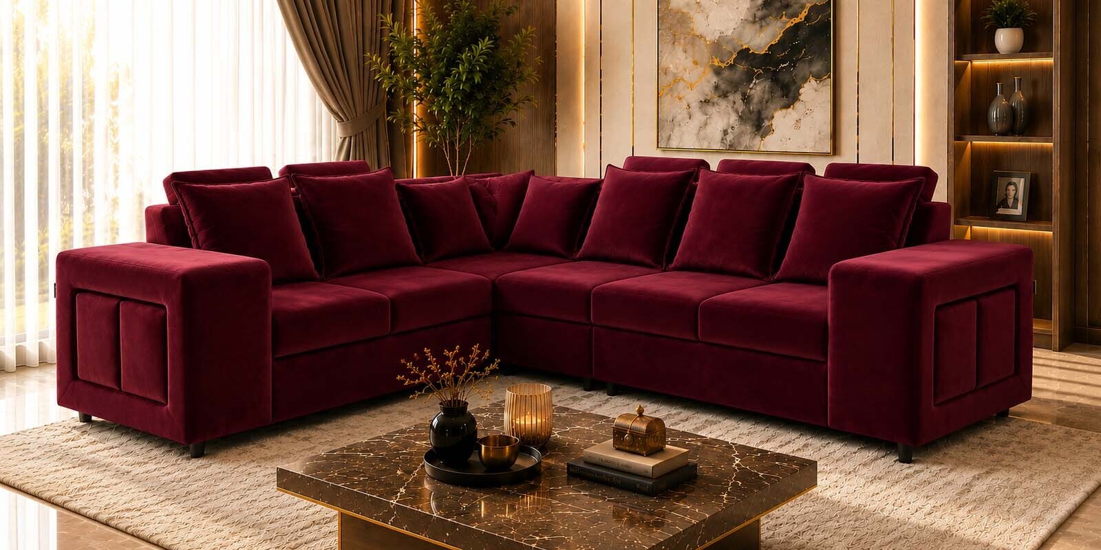 Amanda 6 seater Corner Sofa In Maroon Color