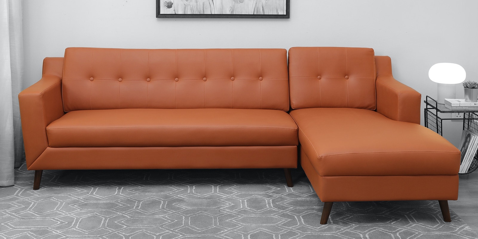Amanda Leatherette LHS Sectional Sofa (3 + Lounger) In Tan Colour