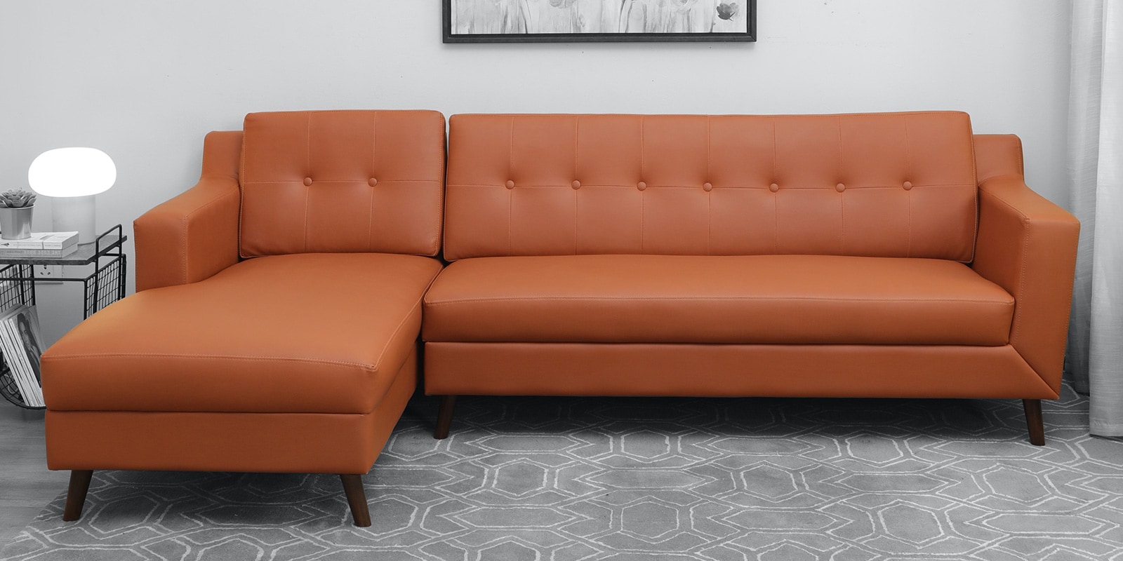 Amanda Leatherette RHS Sectional Sofa (3 + Lounger) in Tan Colour