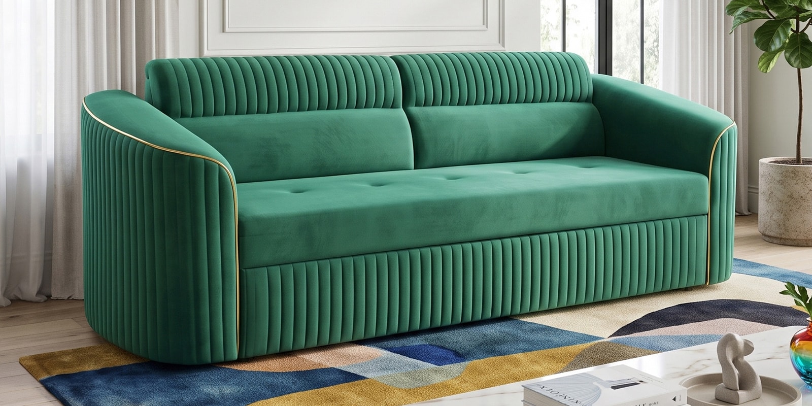 Amara Velvet Sofa Cum Bed in Forest Green Colour