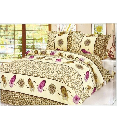 Buy Amethyst Feather Printed Double Bedsheet With 2 Pillow Covers
