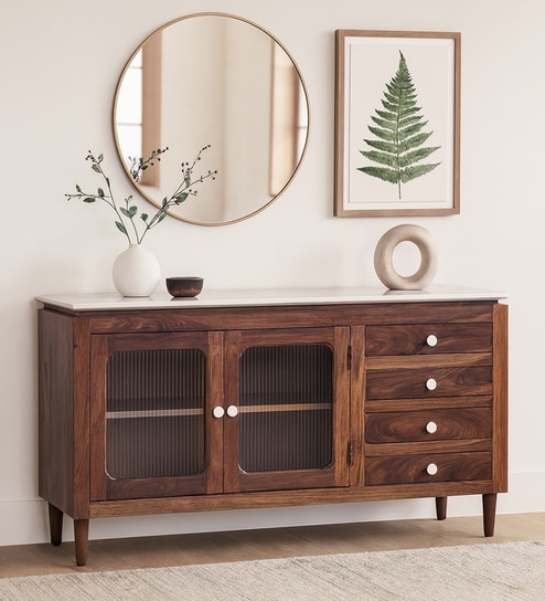 Amalfi Sheesham Wood Sideboard In Provincial Teak Finish With Porcelain Top
