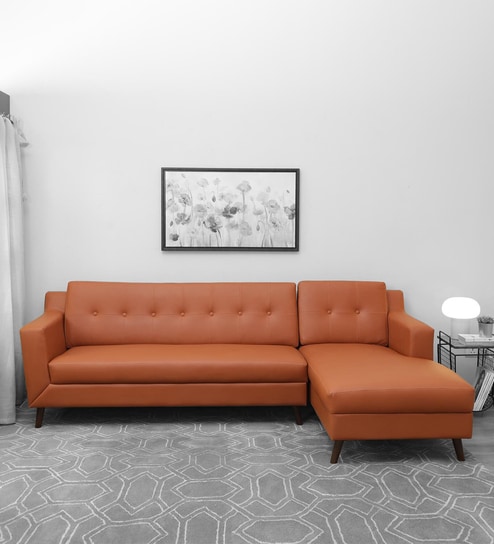 Amanda Leatherette LHS Sectional Sofa (3 + Lounger) In Tan Colour