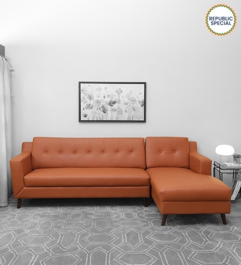 Amanda Leatherette LHS Sectional Sofa (3 + Lounger) In Tan Colour