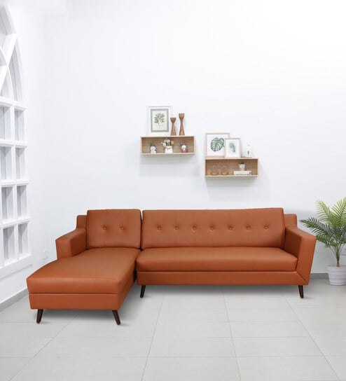 Amanda Leatherette RHS Sectional Sofa (3 + Lounger) in Tan Colour