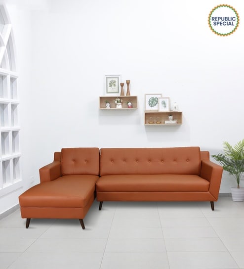 Amanda Leatherette RHS Sectional Sofa (3 + Lounger) in Tan Colour