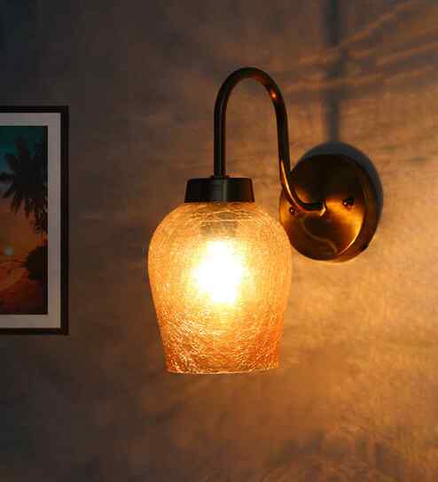 Amber Crackle Glass Down Curved  Wall Light