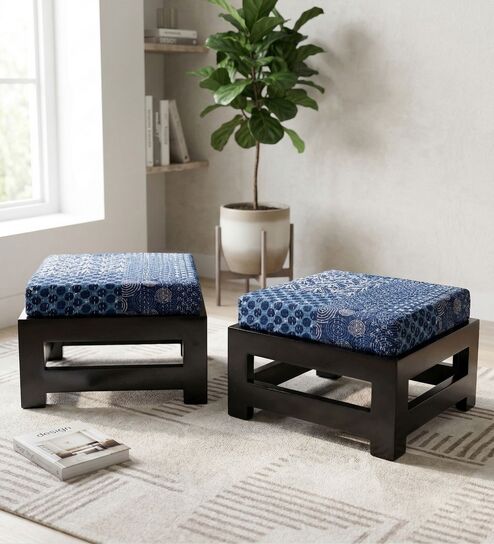 Amber Foot Stool Set Of 2 In Indigo Colour