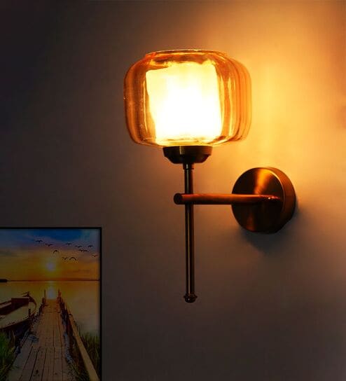 Amber Glass Brass Wall Sconce Modern Light Fixture