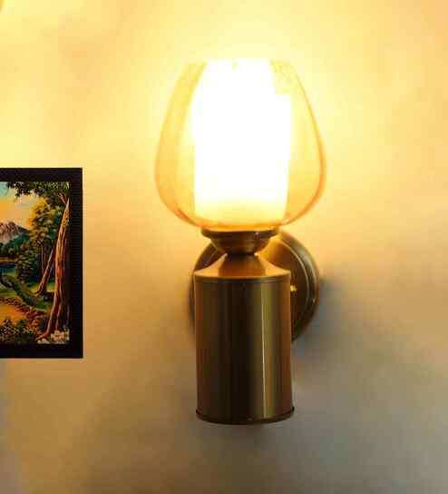 Amber Glass Shade Brushed Brass Wall Sconce