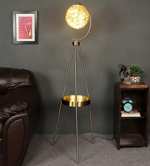 Amber Glass Shade Floor Lamp With Metal Base by Stello