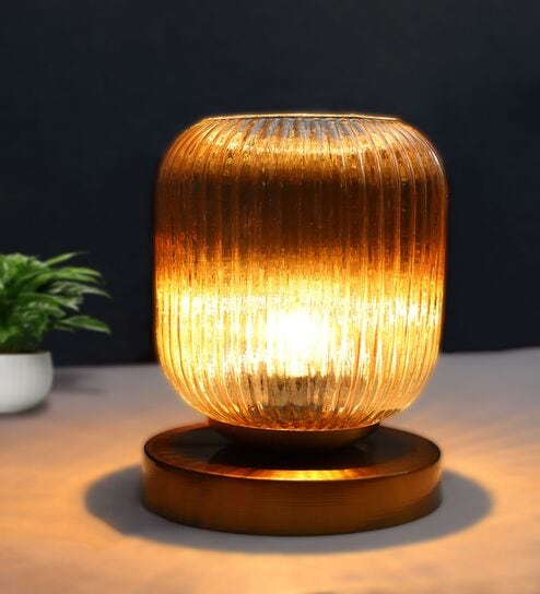 Amber Ribbed Glass Table Lamp