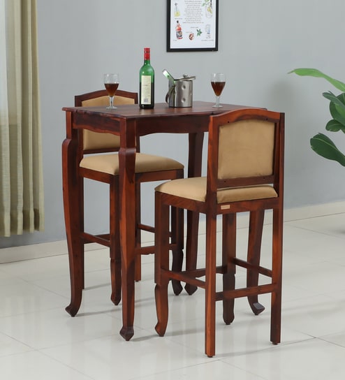 Amiens Sheesham Wood Bar Table Set In Honey Oak Finish With 2 Chairs