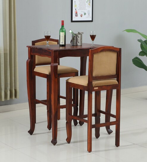 Amiens Sheesham Wood Bar Table Set In Honey Oak Finish With 2 Chairs