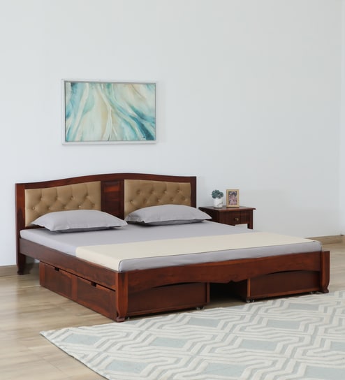 Amiens Sheesham Wood King Size Bed In Honey Oak Finish With Drawer Storage