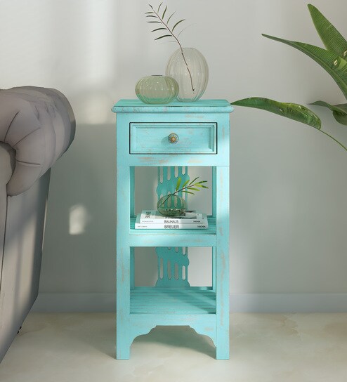 Amory Sheesham Wood End Table In Blue Finish